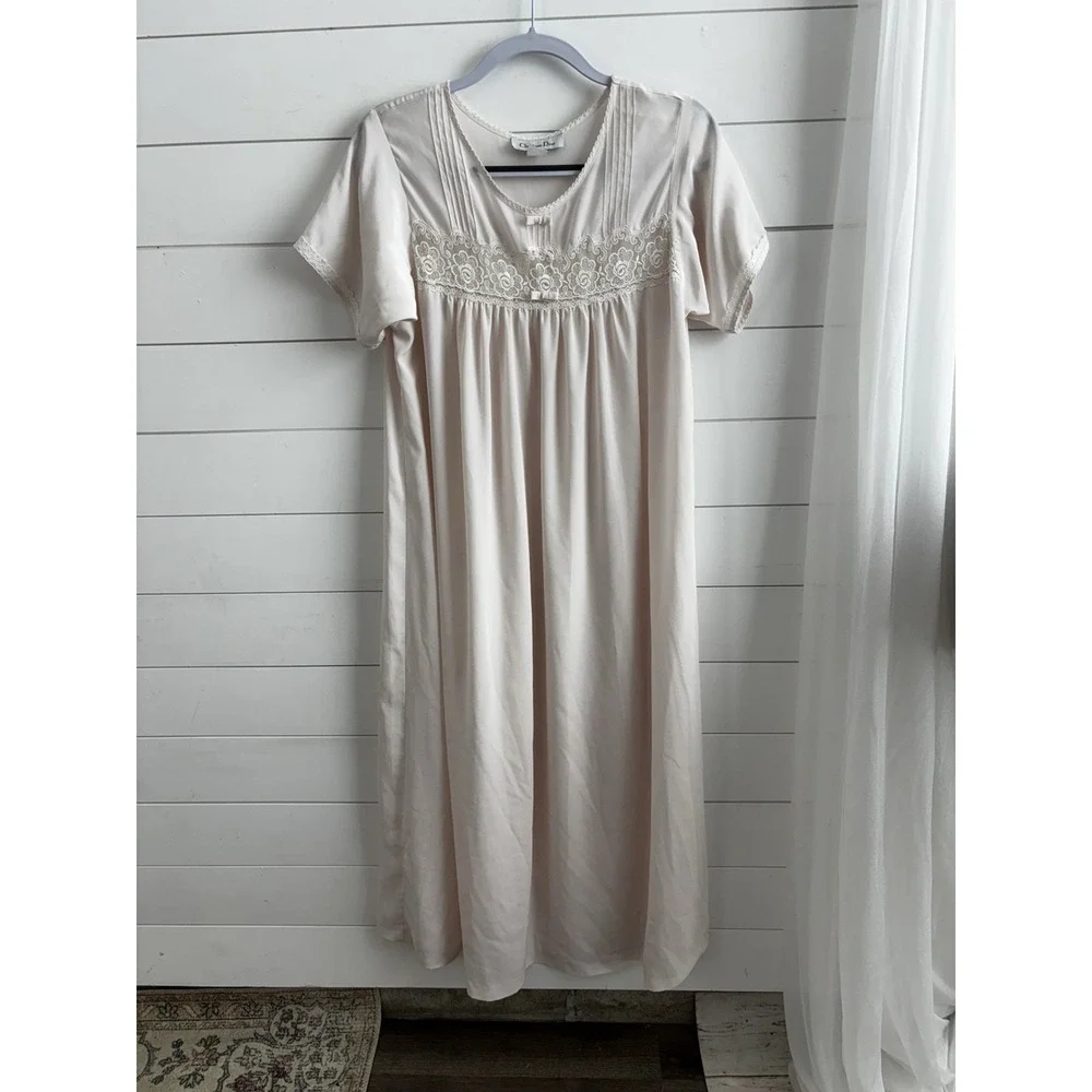 Vintage Christian Dior Light Pink Lace Bodice‎ Nightgown Sleepwear Dress